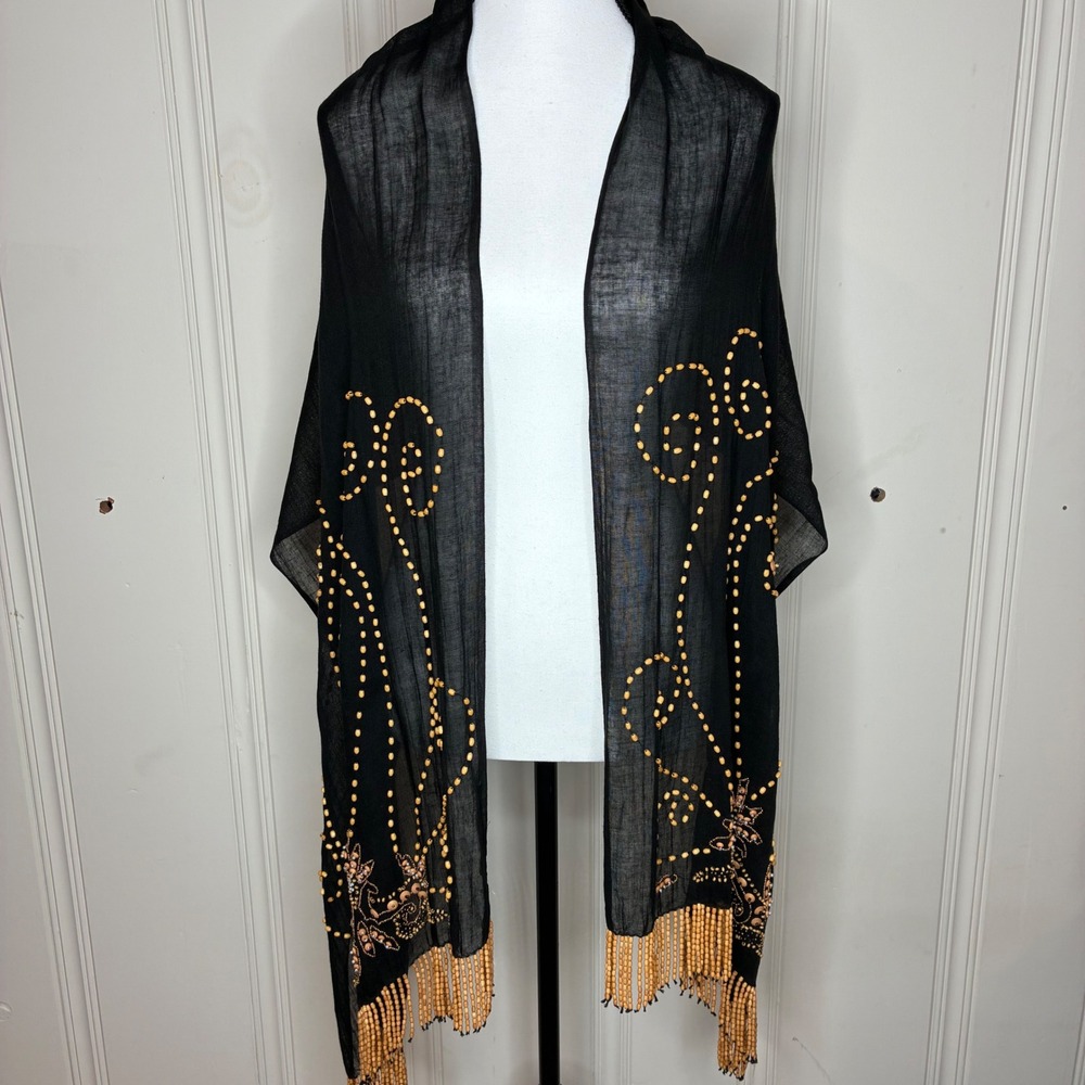 Coldwater Creek Linen Wood Bead Fringe Wrap Shawl Scarf Boho Artsy *see descript
